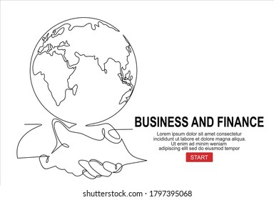 Continuous one line drawing Handshake and planet Earth. World peace, global agreement, international partnership, worldwide business concepts.