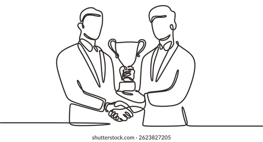 Troféu De Aperto De Mão De Desenho De Uma Linha Contínua. Vetor de acordo de desportivismo de competição saudável minimalista.