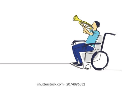 Kontinuierliches Zeichnen einer Linie gut männlich im Rollstuhl spielen Trompete während der Musikunterricht. Körperlich behindert. Person im Krankenhaus. Rehabilitationszentrum Patient. Einzeilige Zeichentechnik