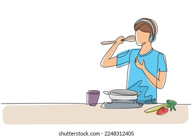 Continuous one line drawing handsome husband begin prepare family dinner singing like rock star with kitchenware and overjoyed music playlist. Single line draw design vector graphic illustration