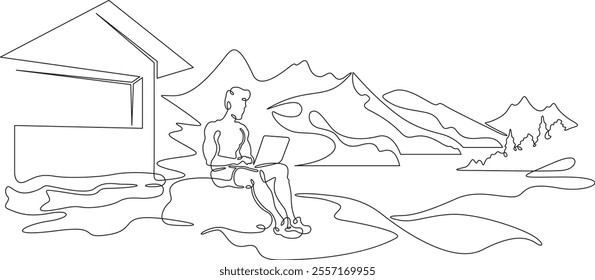 Continuous one line drawing handsome man with laptop.Athletic man working remotely on computer in nature in summer.Beautiful landscape.  One continuous line isolated minimal illustration.Not AI.