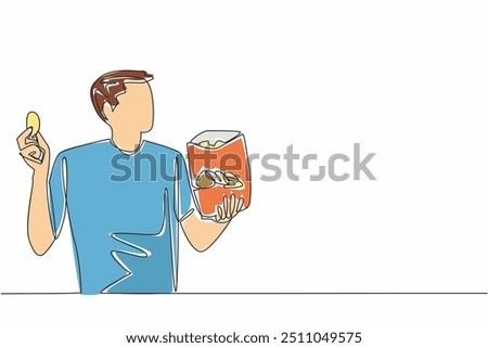 Continuous one line drawing handsome man holding potato chips in hand. Able to finish delicious crisp snacks in short time. Delectation. National Snack Day. Single line draw design vector illustration
