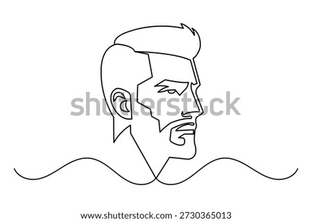 Continuous one line drawing of a handsome man with a beard and stylish haircut profile view
