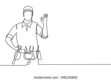 El hombre de mano que sigue dibujando una línea con gesto está bien listo para trabajar en reparar la parte dañada de la casa. Trabajo profesional. El negocio del éxito. ilustración vectorial de diseño de línea única