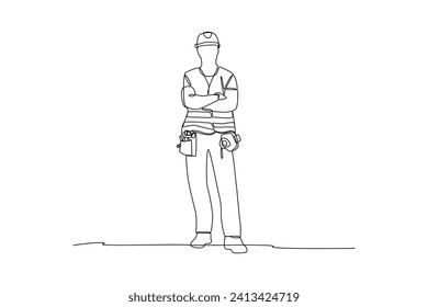 Continuous one line drawing handyman ready to work with complete attributes. Construction worker in uniform and helmet doing work. Builder concept. Repair work services. Single line draw design.