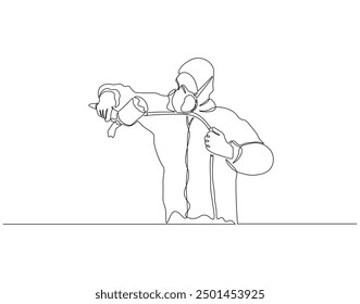 Continuous one line drawing of handyman using paint sprayer. One line drawing illustration of airbrush gun. Contruction project, Home renovation concept vector design. Editable outline
