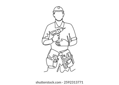 Continuous one line drawing handyman worker wearing helmet and uniform holding electric drill machine. Building construction maintenance services. Single line draw design vector graphic illustration