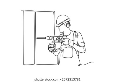 Continuous one line drawing handyman worker wearing helmet and uniform drilling wooden wall using drill machine. House maintenance service concept. Single line draw design vector graphic illustration