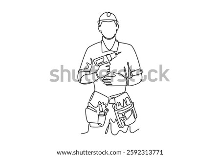 Continuous one line drawing handyman worker wearing helmet and uniform holding electric drill machine. Building construction maintenance services. Single line draw design vector graphic illustration