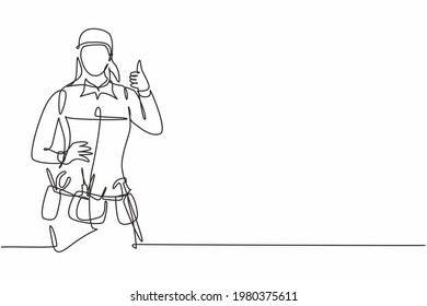 Continuous one line drawing handywoman with thumbs-up gesture is ready to work on repairing the damaged part of the house in a professional manner. Single line draw design vector graphic illustration