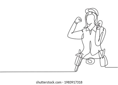 Continuous one line drawing handywoman with celebrate gesture ready to work on repairing damaged part of house. Professional work. Success business. Single line draw design vector graphic illustration