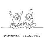 Continuous one line drawing. Happy kids reading open books sitting on floor. Vector illustration