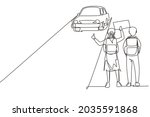 Continuous one line drawing happy couple of tourists with backpacks and camping stuff hitchhiking on road and thumbing car. Hiking and adventure concept. Single line draw design vector illustration