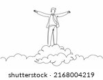 Continuous one line drawing happy businessman on top of cloud with raised hand. Successful business working manager. Financial freedom, happiness, peaceful. Single line draw design vector illustration