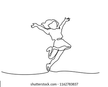 Continuous one line drawing. Happy girl running and jumping. Vector illustration. Concept for logo, card, banner, poster flyer