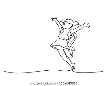 Continuous one line drawing. Happy girl pupil running and jumping. Vector illustration. Concept for logo, card, banner, poster flyer