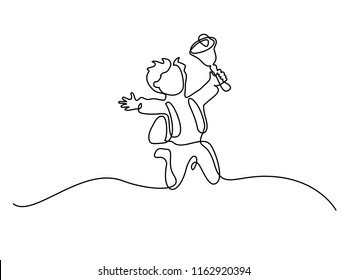 Continuous One Line Drawing. Happy Boy Pupil Jumping With School Bell. Vector Illustration. Concept For Logo, Card, Banner, Poster Flyer