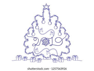 Continuous one line drawing of a Happy New Year Holiday, Christmas tree and toys, Snowflakes, Deer, Gifts and deer.