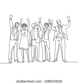 Continuous one line drawing happy team office workers celebrate success