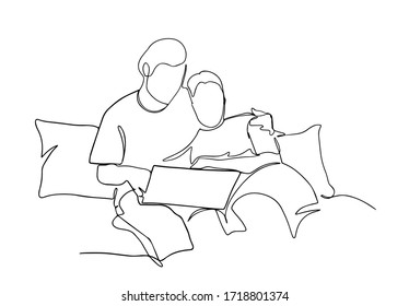 Continuous one line drawing happy couple of man and woman using laptop. Family is sitting on the couch with devices. Vector illustration. Stay home during quarantine  coromavirus. Covid-19 EPS 10.