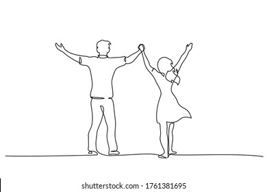 Continuous One line drawing. Happy couple standing and holding hands up together. Vector illustration