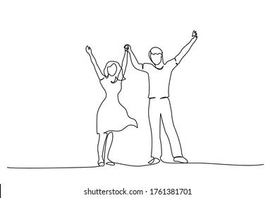 Continuous One line drawing. Happy couple standing and holding hands up together. Vector illustration