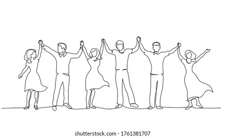 Continuous One line drawing. Happy couples group of women and men standing and holding hands up together. Vector illustration
