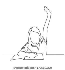 Continuous one line drawing  Happy girl sitting in classroom raises her hand  Vector illustration  back to school concept  School girl raising hand   writing at desk  first day at school  