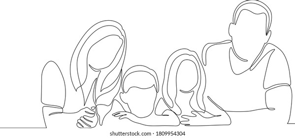Continuous one line drawing. Happy family father and mother with children