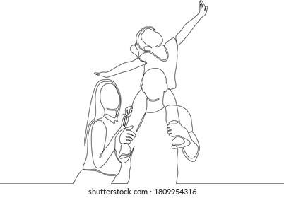 Continuous one line drawing  Happy family father   mother and children