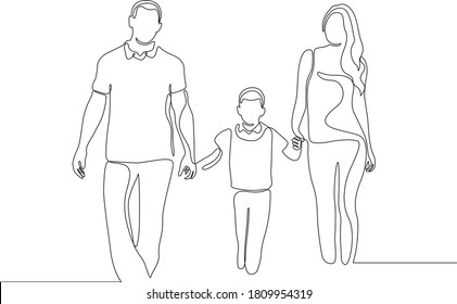 Continuous one line drawing. Happy family father and mother with children