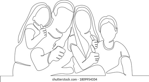 Continuous one line drawing. Happy family father and mother with children