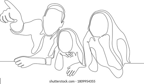 Continuous one line drawing. Happy family father and mother with children