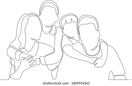 Continuous one line drawing. Happy family father and mother with children