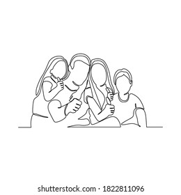 Dibujo continuo de una línea. Feliz padre familiar y madre con tres hijos.