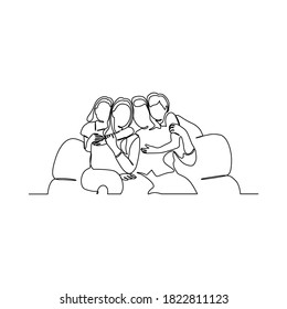 Continuous one line drawing. Happy family father and mother with three children.