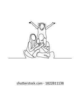 Continuous one line drawing. Happy family father and mother with three children.