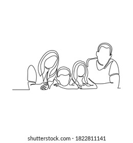 Continuous one line drawing. Happy family father and mother with three children.