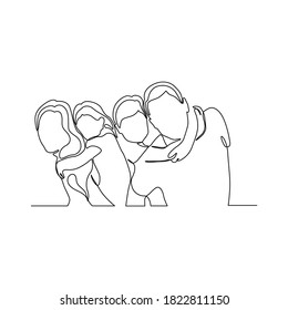 Continuous one line drawing. Happy family father and mother with three children.