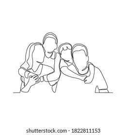 Dibujo continuo de una línea. Feliz padre familiar y madre con tres hijos.