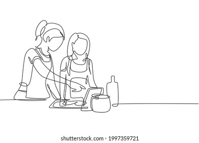 Continuous one line drawing happy mother and daughter cooking together while watching tutorial from tablet. Learn to cook with modern technology. Single line draw design vector graphic illustration