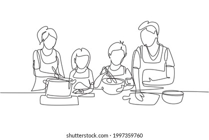 Continuous one line drawing happy family mom, dad, little daughter and son are cooking food in kitchen together, kitchenware, crockery, house, home. Single line draw design vector graphic illustration