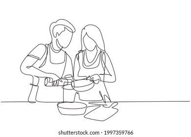 Continuous one line drawing happy romantic couple pour oil into pan which is being held by one of them. Cooking preparation in cozy kitchen at home. Single line draw design vector graphic illustration