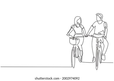 Continuous one line drawing happy couple cycling outdoors in summer. Romantic cycling couple holding hands. Togetherness of young husband and wife. Single line draw design vector graphic illustration