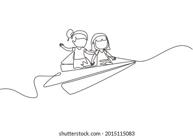 Continuous one line drawing Happy two little girls flying on paper plane. Kids flying on paper airplane together. Children back to school concept. Single line draw design vector graphic illustration