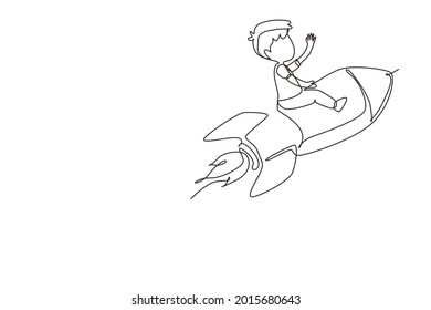 Continuous one line drawing happy boy is sitting on flying rocket. Preschool kid. Children sitting on rocket. Back to school. Educational concept. Single line draw design vector graphic illustration