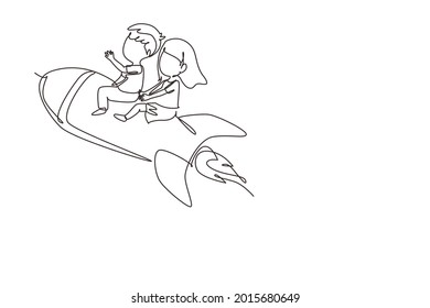 Continuous one line drawing happy boy and girl sitting on flying rocket. Preschool kids. Children sitting on rocket. Back to school. Educational. Single line draw design vector graphic illustration