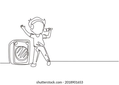 Continuous One Line Drawing Happy Cute Little Kid Boy Sing A Song. Good Performance And Talent On Stage. Beautiful Melodic Singing Of Children. Single Line Draw Design Vector Graphic Illustration