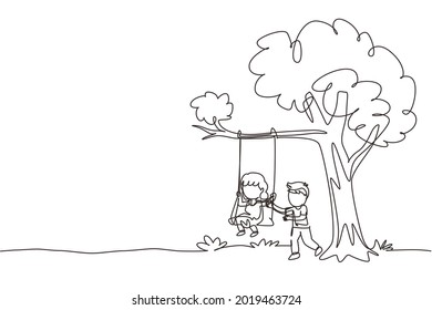 Continuous one line drawing happy boys and girls playing on tree swing. Cheerful kids on swinging under a tree. Cute children playing in playground. Single line draw design vector graphic illustration