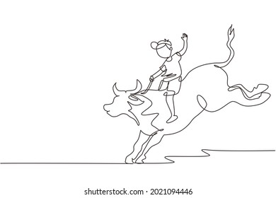 Continuous one line drawing happy cute kid boy riding cute bull. Child sitting on back bull with saddle in cowboy ranch. Kids learning to ride bull. Single line draw design vector graphic illustration
